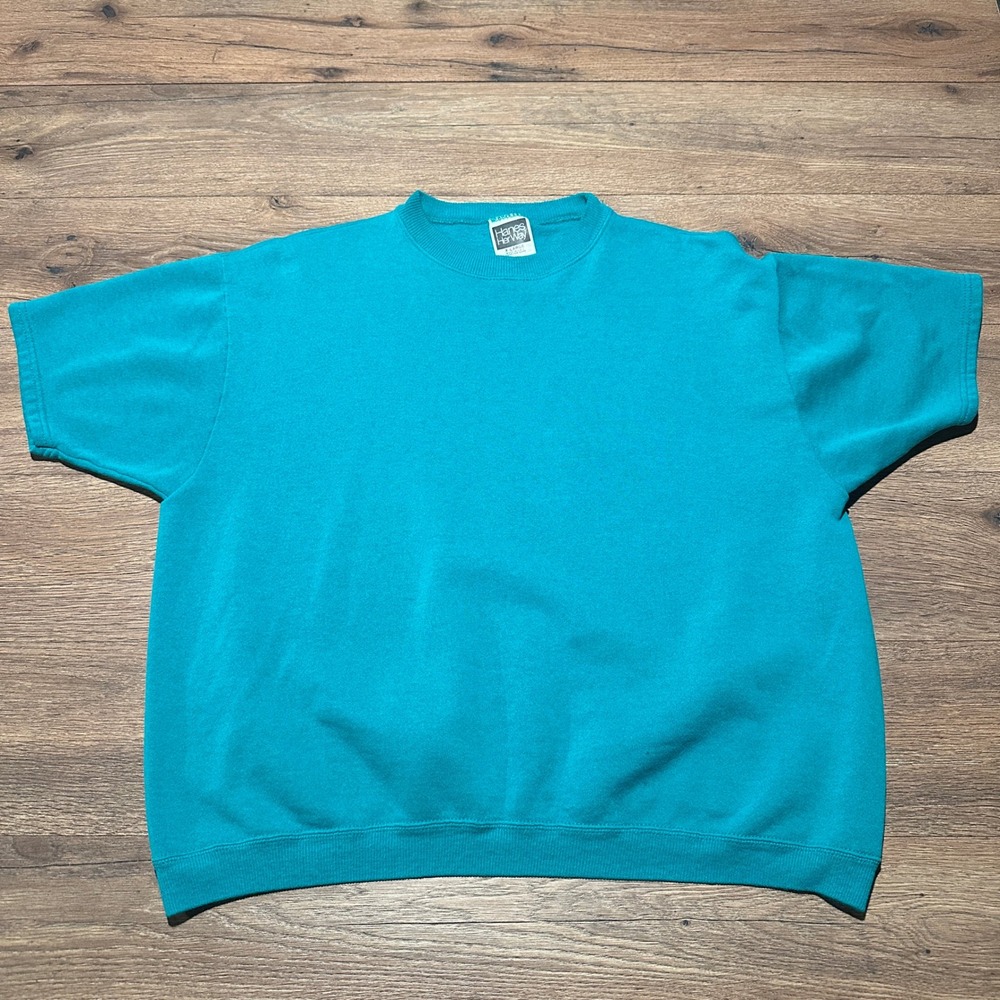 Vintage Hanes Her Way Sweatshirt Womens XL Teal Short Sleeve Made in USA